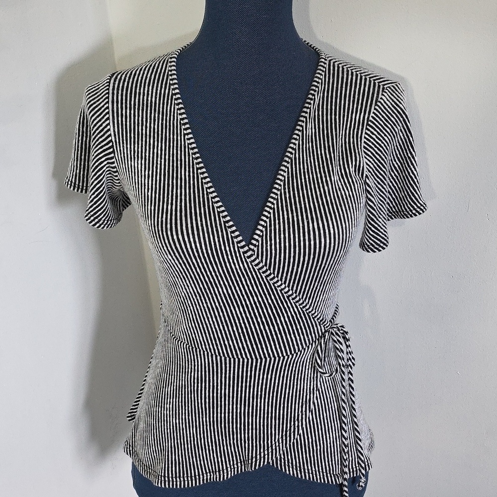 Anthropologie Black and White Striped Wrap Top
